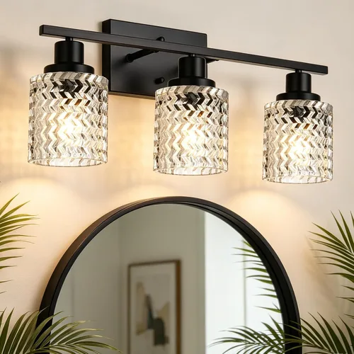 Vista 10 de MELUCEE Aplique de pared de 2 luces con pantalla de vidrio martillado, luces de baño de níquel cepillado sobre el espejo, accesorios de iluminación