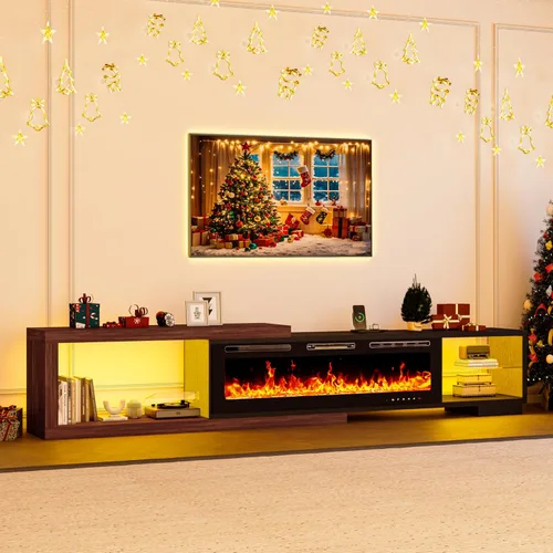 Vista 9 de Soporte de TV extensible con chimenea eléctrica de 71 a 116 pulgadas, moderno centro de entretenimiento con luces LED y toma de corriente para TV