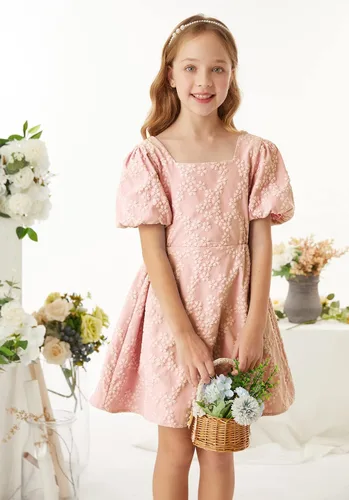 Vista 4 de GRACE KARIN Vestido de manga abombada para niñas de 6 a 12 años con cuello redondo y espalda cruzada