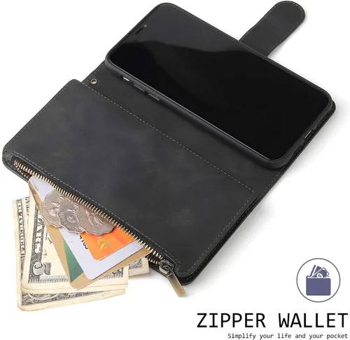 Vista 4 de UEEBAI Funda tipo cartera para Google Pixel 6, Funda de cuero PU Cierre magnético Bolso con cremallera Estuche de bolsillo con cremallera Ranuras