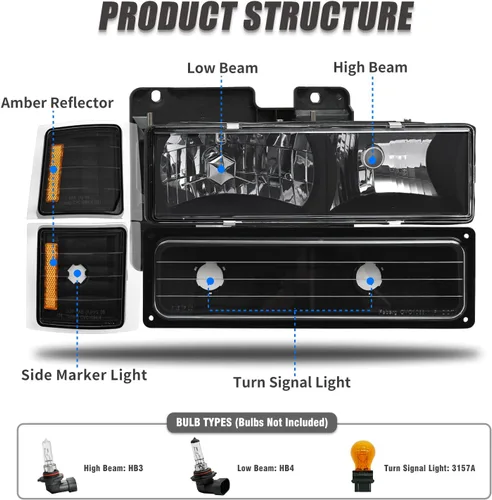 Vista 4 de Conjunto de faros delanteros para 1994-1998 Chevy Silverado/Suburban/Tahoe / C10 Pickup/C/K 1500 2500 3500 Camioneta, carcasa negra con reflector