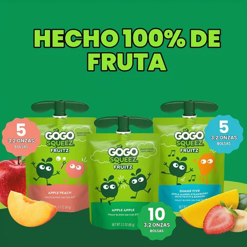 Vista 6 de GoGo SqueeZ - Puré de manzana para niños Kids on the go fruit snack with apple, peach & gimme five!; 3.2 oz pouches, gluten and nut free