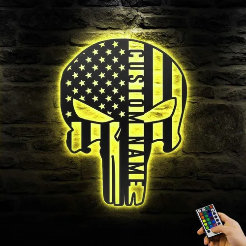 Vista 7 de Letrero de nombre personalizado con luz LED, 16 colores, diseño de calavera de castigador estadounidense, arte de pared de metal americano, luz LED