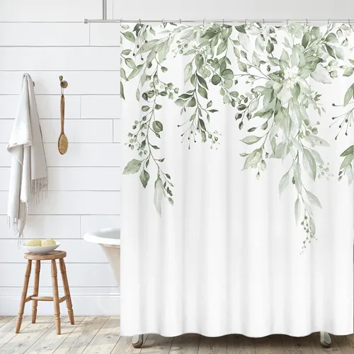Vista 44 de Tititex - Juego de cortinas de ducha de eucalipto negro, hojas de acuarela gris en la parte superior, con decoración floral de baño, 60 x 72