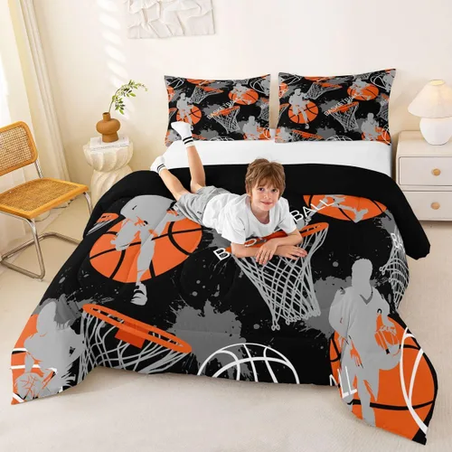Vista 13 de Juego de ropa de cama de baloncesto para niños y adolescentes, juego de edredón deportivo para niños, tamaño matrimonial, suave, ligero, decoración
