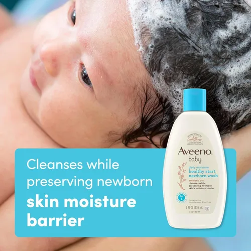 Vista 9 de Paquete de Aveeno Baby Healthy Start baño para recién nacidos, baño hipoalergénico para el cuerpo del bebé con avena prebiótica, sin fragancia, 8 fl