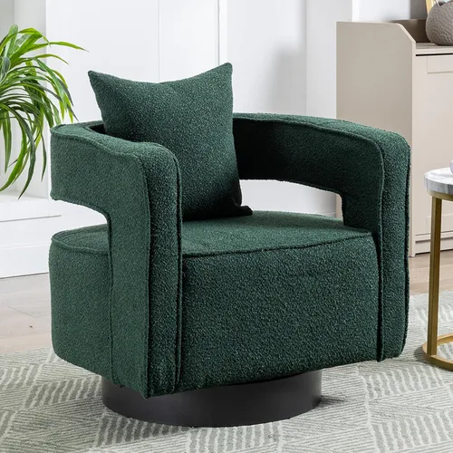 Vista 13 de Silla giratoria decorativa, silla moderna de barril para sala de estar, silla cuadrada cómoda de 360 grados con respaldo abierto, silla tapizada