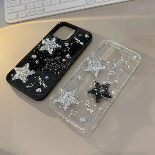 Vista 5 de Funda para iPhone 11 con diseño de estrellas 3D con corazones brillantes y diamantes con purpurina Y2K Spark de lujo, diseño femenino estético
