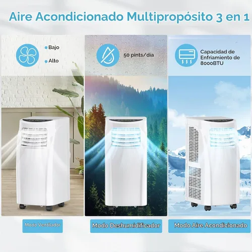 Vista 3 de Aire acondicionado portátil COSTWAY con función de deshumidificador a control remoto para colgar en la ventana.
