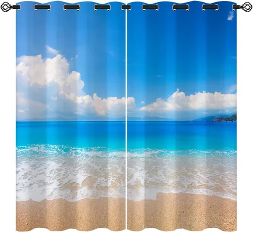 Vista 11 de Cortinas opacas de arena para niñas y niños, decoración del hogar, vacaciones, playa, agua azul, puesta de sol, nubes, ojales, aislamiento térmico