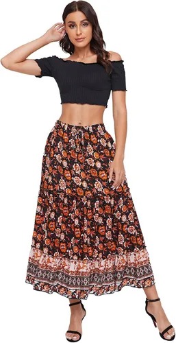 Vista 65 de Milumia Women Boho Vintage Floral Print Long Skirt Summer Tiered Maxi Skirt
