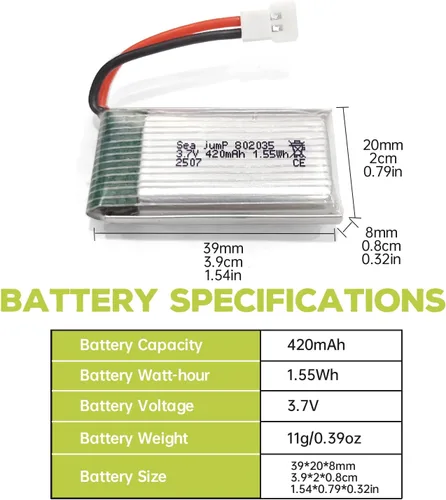 Vista 3 de sea jump 2 baterías Lipo de 3.7 V 420 mAh 25C con cable de carga USB, enchufe Molex compatible con la mayoría de drones RC Quadcopters, aviones