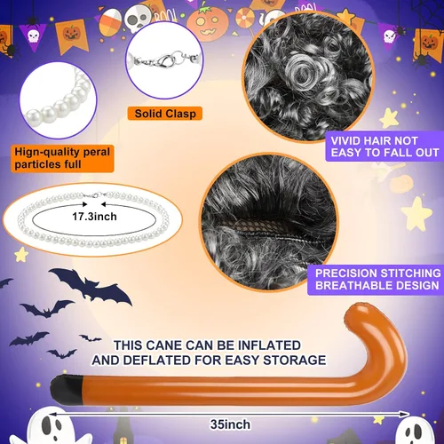 Vista 3 de Haull 8 piezas de disfraz de anciana para niños, disfraz de abuela para niños, vestido de abuelita, peluca plegable, gafas de muleta para Halloween