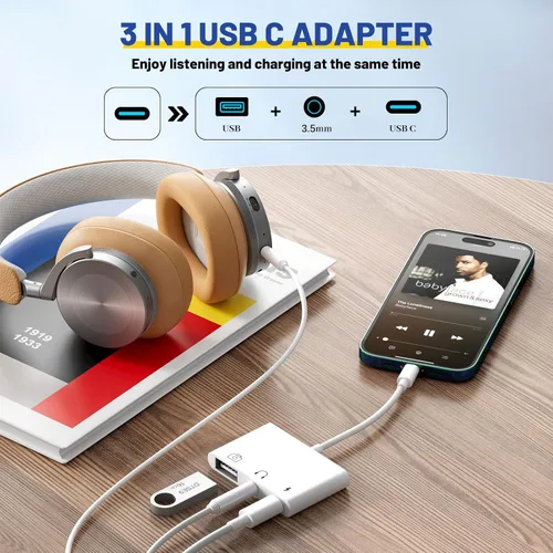 Vista 2 de Adaptador USB C a USB 3 en 1 USB C a 0.138 in Adaptador de audio para iPad Adaptador USB