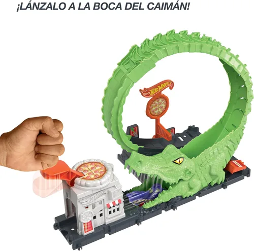 Vista 3 de Conjunto de pista de juguete Hot Wheels Gator Loop Attack en Pizza Place con coche a escala 1:64, se conecta a otros conjuntos