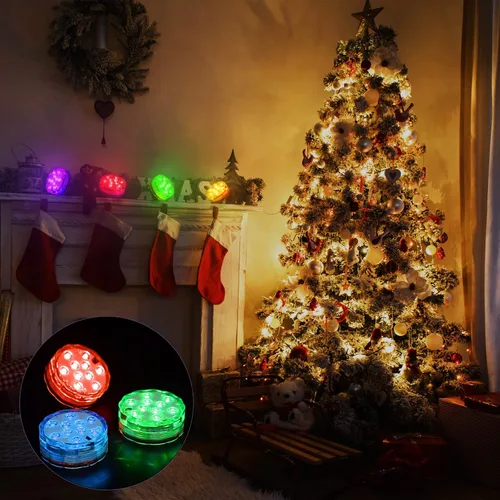 Vista 6 de Hortsun Paquete de 4 luces LED sumergibles con control remoto impermeable para piscina, luz LED subacuática que funciona con pilas, lámpara
