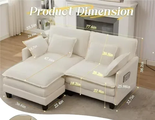 Vista 6 de Sofá modular modular de 77.6 pulgadas en forma de L, cómoda nube con otomana movible, asiento extra profundo