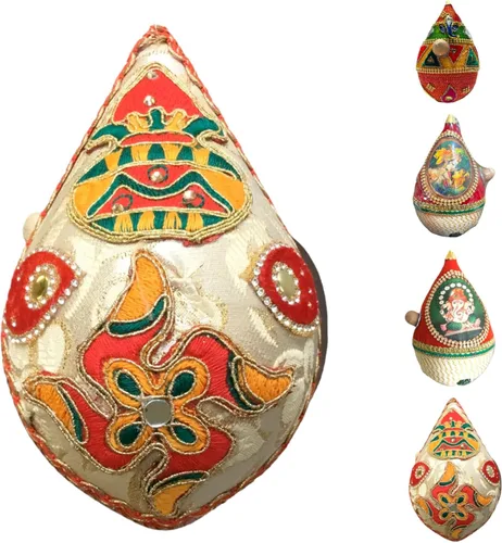 Vista 11 de LOVENSPIRE Shriphal Mangal Kalash Coco decorado para boda Shagun Decorativo Nariyal Mangal Nariyal Kalash Set Boda Pooja Nariyal Decorado Nariyal