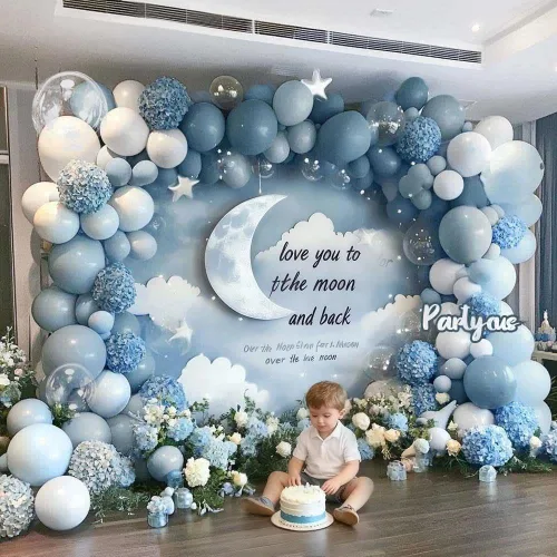 Vista 7 de Kit de arco de globos de látex azul polvoriento, blanco, mate, para baby shower, cumpleaños, boda, bajo el mar, arándanos y otoño, fiesta de otoño