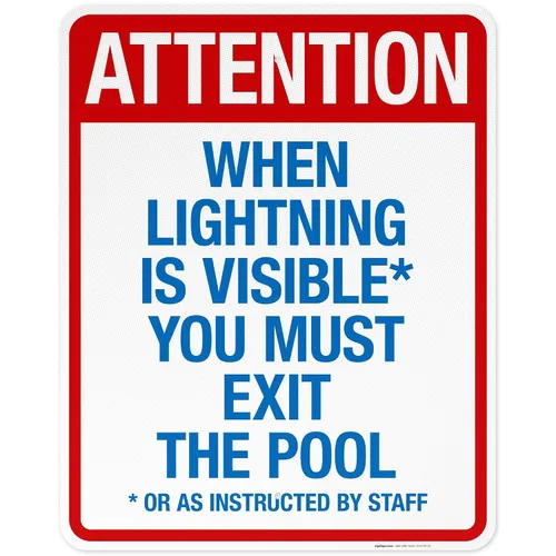 Vista 4 de Letrero con texto en inglés "Attention When Lightning is Visible You Must Exit The Pool - Letrero de piscina, 10 x 14 pulgadas, libre de óxido