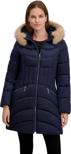Vista 10 de Laundry by Shelli Segal womens Quilted Puffer Coat with Faux Fur-Trimmed Hood & Fit-and-Flare Waist Hueso