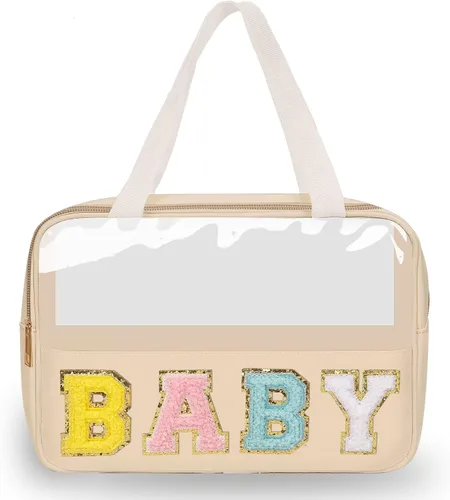 Vista 6 de izuzta Bolsas de maquillaje transparentes tipo tote con letras de chenilla, bolsa de maquillaje preppy con asa, Moda