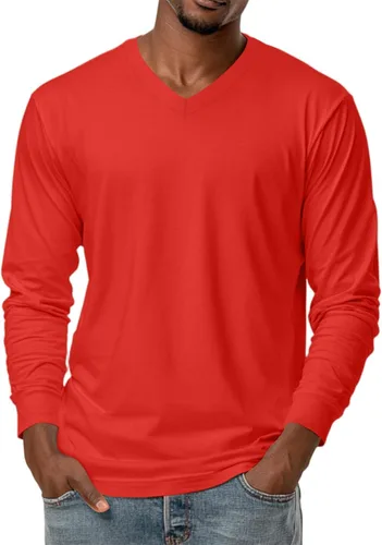 Vista 15 de Camiseta para hombre, manga larga, cuello en V, color liso, informal, básica, suave, elástica, M-3XL