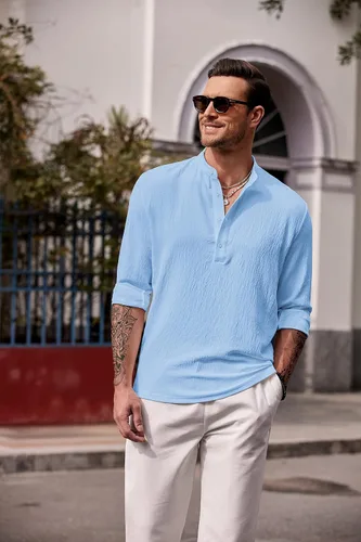 Vista 7 de COOFANDY Camisetas casuales Henley de manga larga para hombre, camisetas hippie de playa, camisetas de yoga y verano