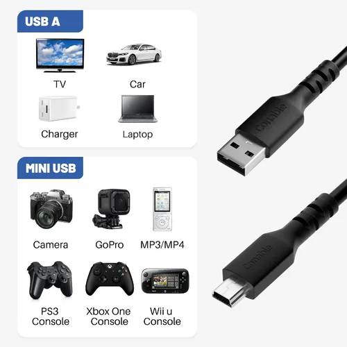 Vista 2 de Cable mini USB de 2 pies, cable de carga USB A a Mini B, compatible con GoPro Hero 3+, controlador PS3, cámara, Dash Cam, calculadoras de Texas
