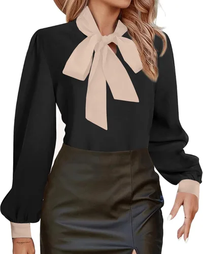 Vista 22 de Avanova - Camisas de manga larga abullonada con cuello de lazo para mujer, blusas casuales de trabajo