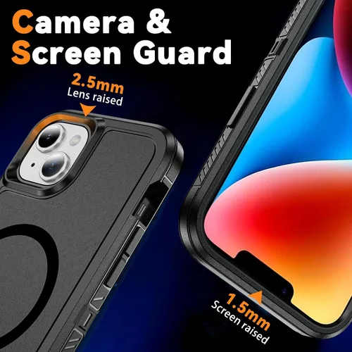 Vista 6 de Funda magnética para iPhone 13/iPhone 14 [compatible con Magsafe] [protector de pantalla de vidrio] [protección de grado militar de doble capa]