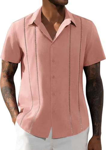 Vista 8 de Camisa de manga corta de lino para hombre de DEMEANOR, camisa guayabera cubana con botones, camisa casual de verano para la playa, la vacación