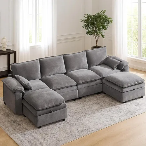 Vista 17 de Juego de sofá modular grande en forma de U – Sofá de nube de gran tamaño de 4 plazas para sala de estar, sofás grandes y cómodos de tela