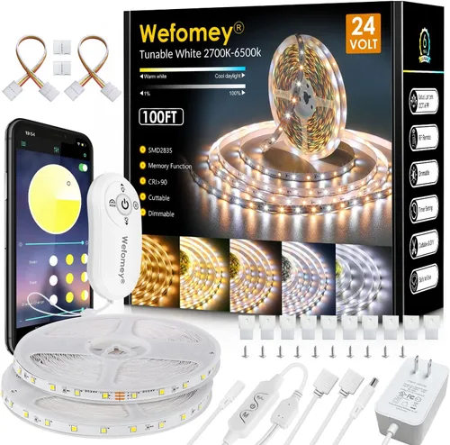 Vista 10 de Wefomey Tira de luces LED blancas, luz de cinta flexible regulable brillante de 24 V con control remoto y aplicación, fuente de alimentación