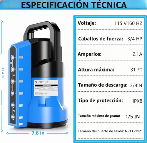 Vista 2 de FOTING Bomba de sumidero 3/4HP Bomba de agua sumergible automática de 4 modos, 2400 GPH termoplástica eléctrica portátil bomba de agua