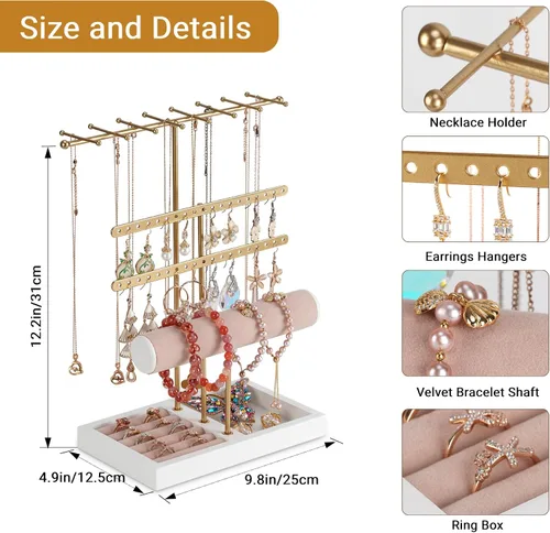 Vista 3 de JAZUIHA Organizador de joyas de 4 niveles dorado con organizador de collares, aretes, pulsera, caja de anillo, colgador para exhibición