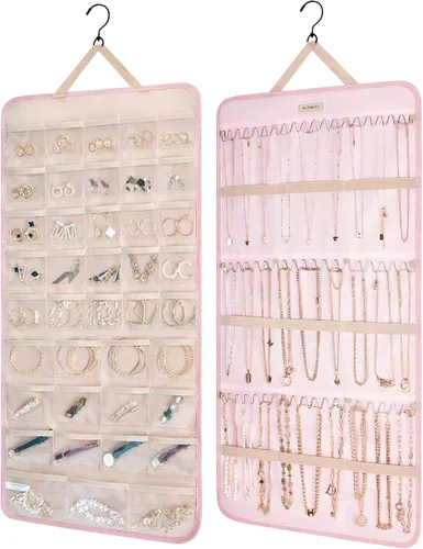 Vista 16 de BAGSMART Organizador de joyas colgante con rollo de almacenamiento y ganchos metálicos de doble cara para aretes, collares, anillos en armario, Negro