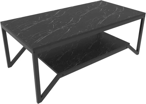 Vista 4 de Flora - Mesa auxiliar rectangular moderna de diseño industrial de 47 pulgadas de ancho, parte superior de madera con acabado de mármol, marco