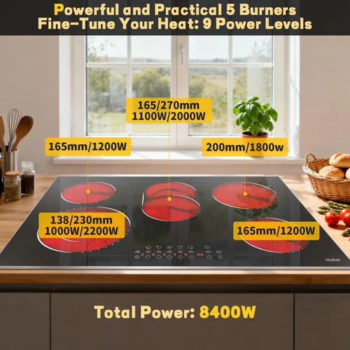 Vista 3 de Hobsir - Estufa eléctrica de 30 pulgadas, 5 quemadores, estufa eléctrica, estufa de cerámica de 8400 W con marco de metal de vidrio, temporizador