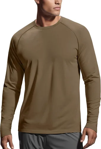 Vista 2 de Zengjo - Camiseta de manga larga para hombre, transpirable, para correr, atlética, deportiva, ligera, con protección solar SPF Canela
