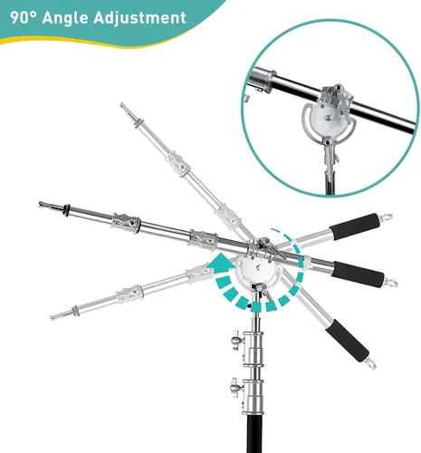 Vista 5 de Soporte en C de acero inoxidable resistente con ruedas y brazo de pluma, soporte de luz para fotografía, brazo de pluma que se extiende de 3.47 a
