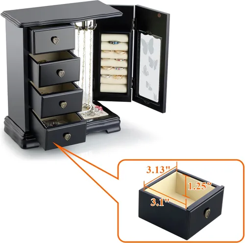 Vista 5 de RR ROUND RICH DESIGN Joyero de madera maciza para maquillaje y organizador de anillos para mujer, con 4 cajones incorporados, carrusel de collar