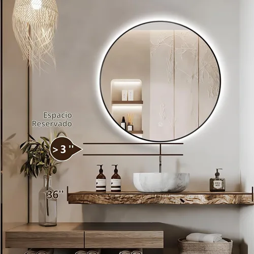 Vista 7 de Espejo de Baño LED Redondo de 30 Pulgadas, Espejo de Tocador Retroiluminado de Pared con Marco Biselado de 45°, Espejo Iluminado para Dormitorio