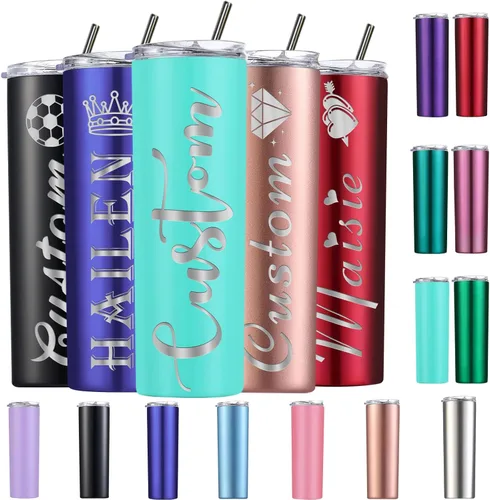 Vista 16 de Vasos delgados personalizados con tapas y popotes, vaso grabado con láser personalizado con nombre para mujer, regalo de 20 onzas, taza de acero