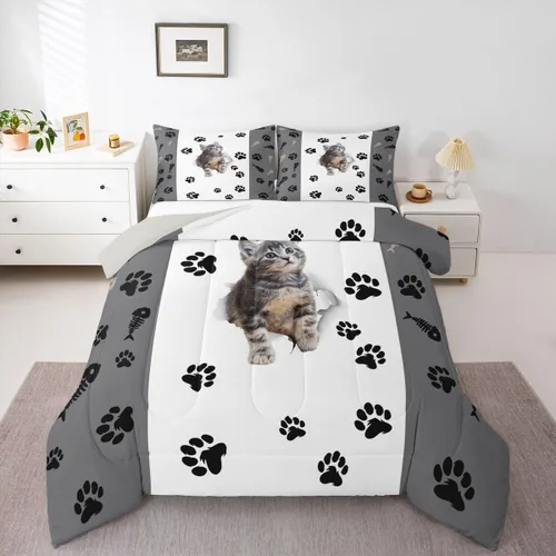 Vista 27 de Erosebridal Edredón de Gatos Lindos para Niños con Líneas de Arcoíris Neón, Juego de Ropa de Cama Individual para Niñas, Niños y Adolescentes, Gatos