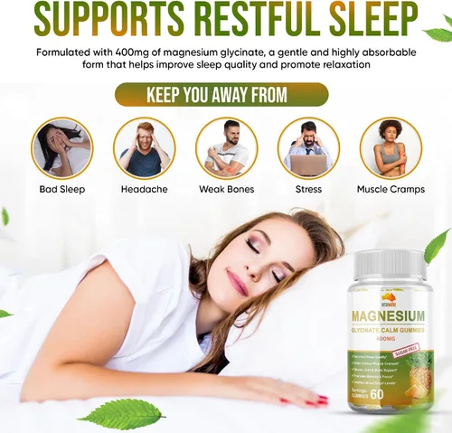 Vista 2 de Vitamuse Gomitas calmantes de glicinato de magnesio 400 mg – Apoyo para dormir, alivio de calambres musculares, memoria y enfoque, azúcar en sangre