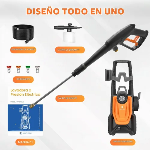 Vista 6 de Giraffe Tools Lavadora a presión, Máx. 2400 PSI, 2.3 GPM. Lavadora eléctrica con 4 boquillas de conexión rápida, cañón de espuma
