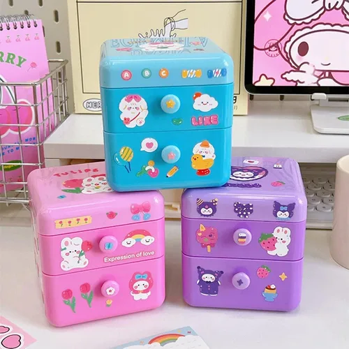 Vista 2 de Organizador de escritorio pequeño Kawaii con tapa y 2 cajones, lindo organizador de escritorio Kawaii con calcomanías de bricolaje para adolescentes