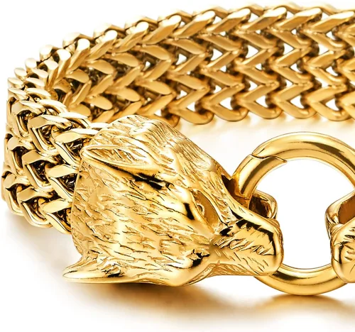 Vista 3 de COOLSTEELANDBEYOND Biker - Pulsera de acero inoxidable para hombre con cabeza de lobo con cierre de anillo de resorte