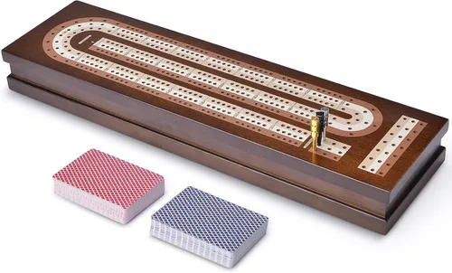Vista 6 de AMEROUS Juego de Cribbage de Mesa de Madera con Bloqueo Magnético - Clavijas de Metal - 2 Cartas de Juego - Tablero Continuo de 3 Vías - Área